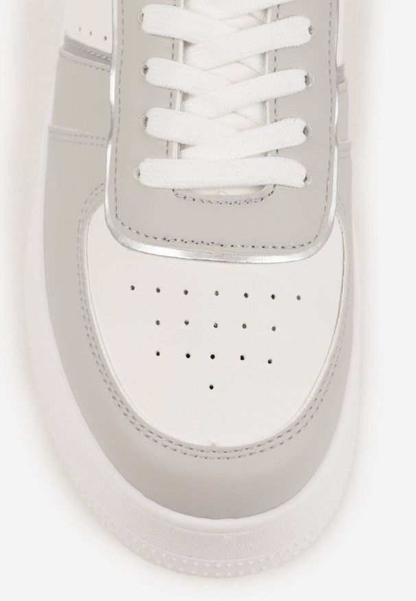 Renee - Biało-Szare Casualowe Sneakersy Vices na Niskiej Platformie Torila. Okazja: na co dzień. Zapięcie: sznurówki. Kolor: biały. Wzór: aplikacja. Obcas: na platformie. Sport: bieganie