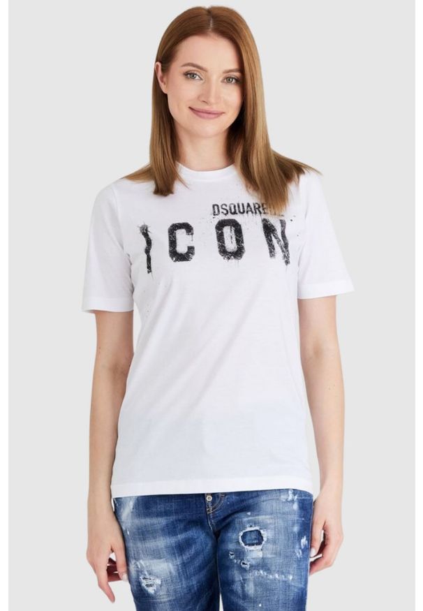 DSQUARED2 Biały t-shirt damski icon spray. Kolor: biały. Materiał: bawełna. Wzór: nadruk