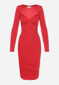 Born2be - Czerwona Dopasowana Sukienka Ozdobiona Marszczeniami z Głębokim Dekoltem Daphen. Kolor: czerwony. Wzór: aplikacja #6