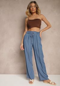 Renee - Niebieskie Spodnie z Bawełny High Waist z Gumką i Wiązaniem w Talii Lisadriela. Okazja: na co dzień. Stan: podwyższony. Kolor: niebieski. Materiał: bawełna. Sezon: lato, wiosna. Styl: elegancki, casual