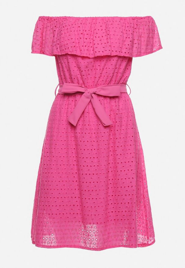 Born2be - Fuksjowa Sukienka Hiszpanka z Ozdobnym Haftem i Paskiem w Talii Perenna. Okazja: na co dzień. Typ kołnierza: dekolt hiszpanka. Kolor: różowy. Wzór: haft. Styl: elegancki, casual, wizytowy