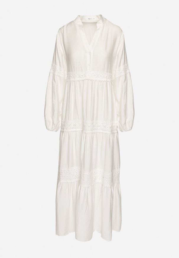 Born2be - Biała Rozkloszowana Sukienka z Wiskozy Zdobiona Koronką Gonireth. Okazja: na co dzień, na spacer. Typ kołnierza: dekolt w kształcie V. Kolor: biały. Materiał: wiskoza, koronka. Długość rękawa: długi rękaw. Wzór: aplikacja, koronka. Styl: casual, elegancki, klasyczny