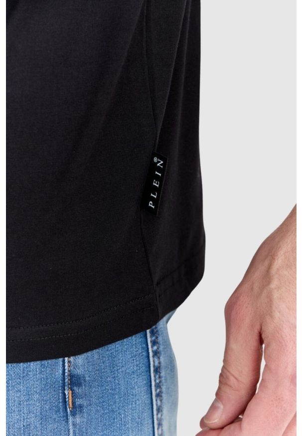 Philipp Plein - PHILIPP PLEIN Czarny męski t-shirt zdobiony dżetami z czaszką i logo, Rozmiar M. Kolor: czarny. Wzór: aplikacja