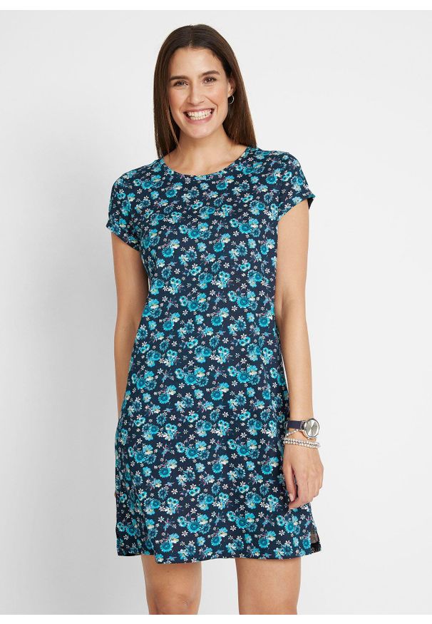 bonprix - Sukienka T-shirtowa z rozcięciami po bokach (2 szt.), z czystej bawełny. Kolor: niebieski. Materiał: bawełna. Długość rękawa: krótki rękaw