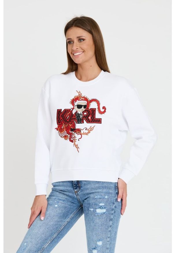 Karl Lagerfeld - KARL LAGERFELD Biała damska bluza ikonik lny, Rozmiar S. Kolor: biały. Materiał: len. Wzór: haft