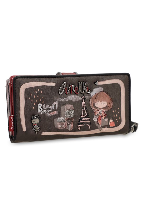 Brązowy Duży Damski Portfel Anekke Mademoiselle. Kolor: brązowy. Materiał: materiał. Wzór: haft