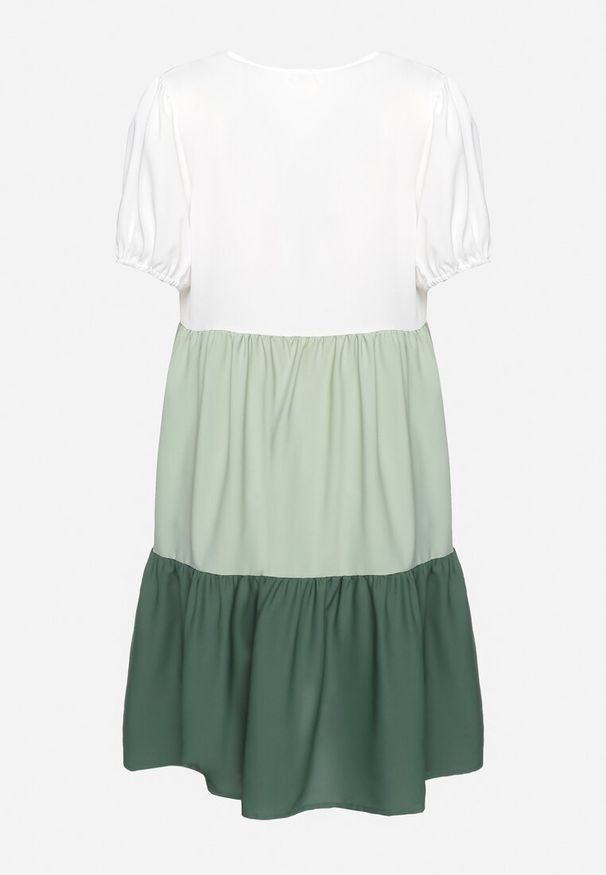 Born2be - Beżowo-Zielona Pudełkowa Sukienka z Haftem przy Dekolcie Moetta. Kolor: beżowy. Wzór: haft