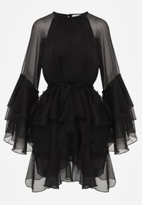 Born2be - Czarna Sukienka z Eterycznymi Falbanami i Wiązanym Paskiem Rivaniah. Okazja: na ślub cywilny, na wesele. Kolor: czarny. Styl: elegancki #3