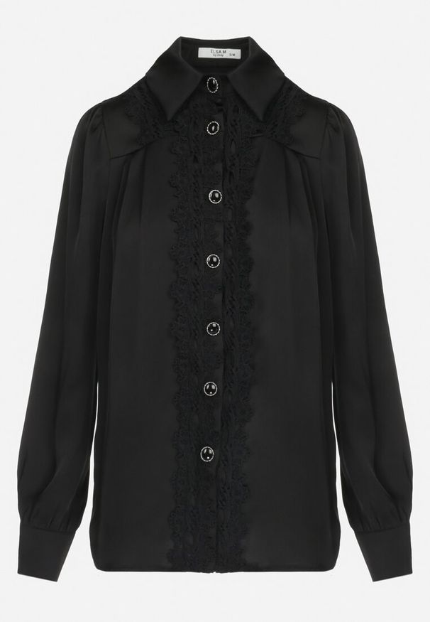 Born2be - Czarna Koszula z Kołnierzem i Wstawkami z Koronki Thaffi. Okazja: na co dzień. Kolor: czarny. Materiał: koronka. Długość rękawa: długi rękaw. Długość: długie. Wzór: koronka. Styl: casual, elegancki