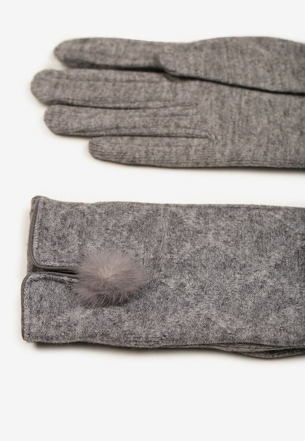 Renee - Szare Rękawiczki z Bawełną Ozdobione Pomponem i Rozcięciem Zinnaletha. Kolor: szary. Materiał: bawełna. Wzór: aplikacja. Styl: elegancki, casual