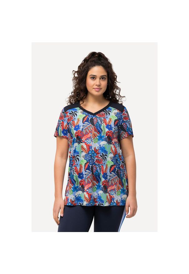 ULLA POPKEN - Damskie Bluzka funkcyjna trapezowy krój dekolt w serek rękaw 1/2. Typ kołnierza: dekolt w serek. Kolekcja: plus size. Kolor: niebieski. Materiał: poliester, materiał