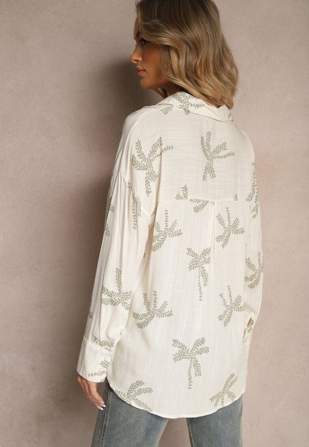 Renee - Biała Koszula z Wiskozy z Lnem w Liściasty Wzór Tatheia. Okazja: na co dzień. Kolor: biały. Materiał: len, wiskoza. Styl: casual