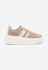Born2be - Ciemnobeżowe Sneakersy Kultowe Tenisówki na Platformie z Koturnem Elisara. Nosek buta: okrągły. Zapięcie: sznurówki. Kolor: beżowy. Materiał: materiał. Obcas: na koturnie. Wysokość obcasa: niski