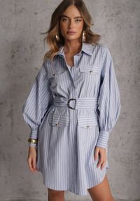 Renee - Niebieska Koszulowa Sukienka z Bawełny z Paskiem w Stylu Soft Utility Effiara. Kolor: niebieski. Materiał: bawełna. Wzór: paski. Typ sukienki: koszulowe #1