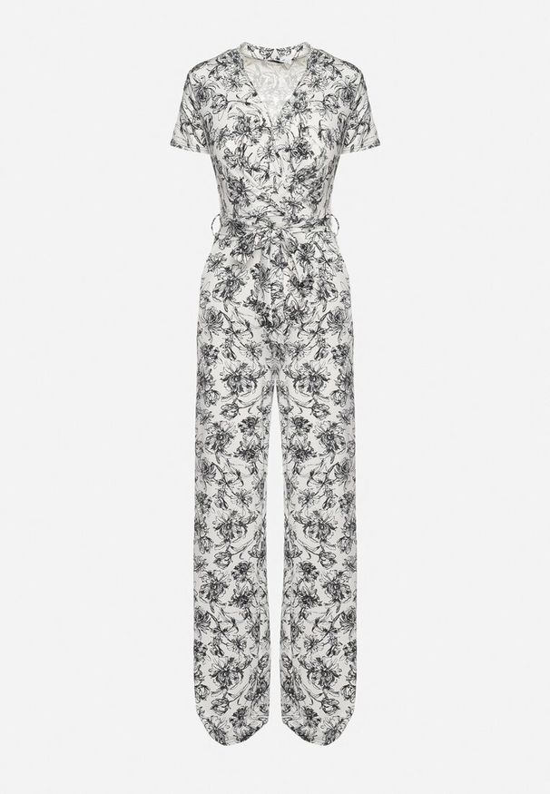 Born2be - Biało-Czarny Kombinezon w Kwiaty z Krótkim Rękawem i Dekoltem w Serek z Długimi Nogawkami Nestaanne. Okazja: na co dzień. Kolor: biały. Materiał: jeans. Długość rękawa: krótki rękaw. Długość: krótkie. Wzór: kwiaty. Styl: wizytowy, casual, elegancki