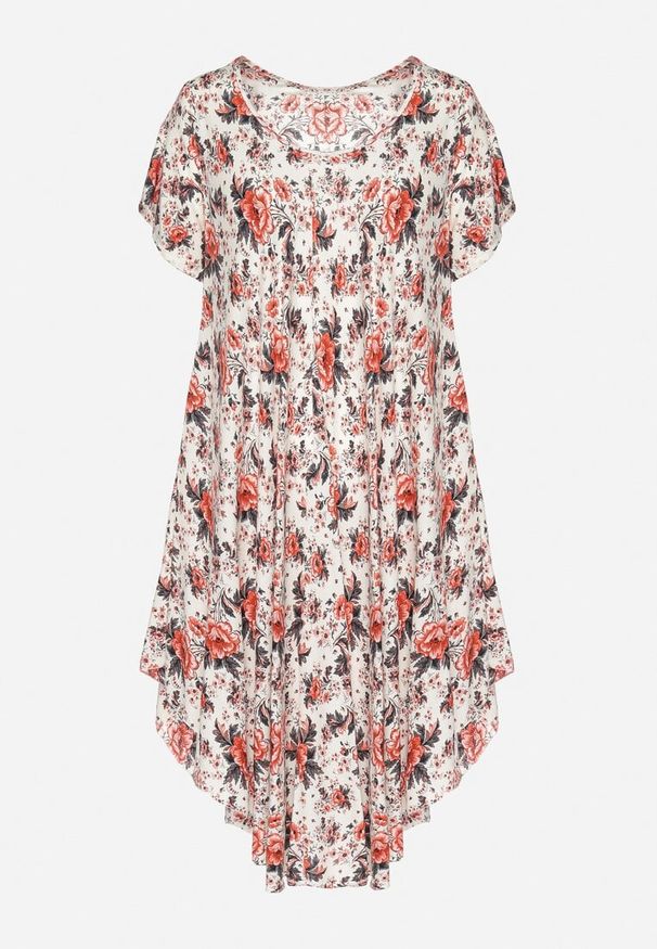Born2be - Czerwona Sukienka Bawełniana z Asymetrycznym Dołem w Kwiatki Nativienne. Kolor: czerwony. Materiał: bawełna. Długość rękawa: krótki rękaw. Wzór: kwiaty. Sezon: lato. Typ sukienki: asymetryczne. Styl: elegancki