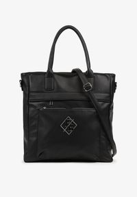 Born2be - Czarna Torebka Shopperka z Metaliczną Aplikacją i Dodatkowym Paskiem na Ramię Idalenna. Kolor: czarny. Wzór: aplikacja. Dodatki: z aplikacjami. Materiał: zdobione. Styl: biznesowy, casual. Rodzaj torebki: na ramię