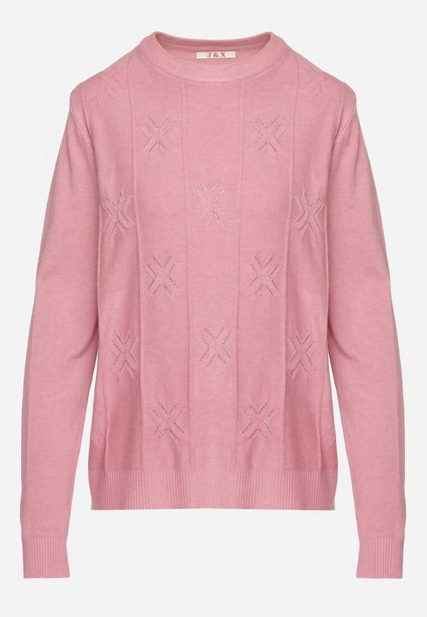 Born2be - Różowy Sweter z Bawełną Ozdobiony Cyrkoniami Irinaelle. Okazja: na co dzień. Kolor: różowy. Materiał: bawełna. Wzór: aplikacja. Styl: klasyczny, elegancki, casual
