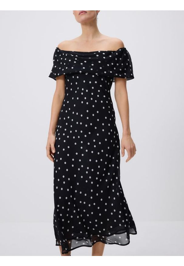 Reserved - Sukienka midi w groszki - ciemnobrązowy. Kolor: brązowy. Materiał: tkanina. Wzór: grochy. Typ sukienki: proste. Długość: midi