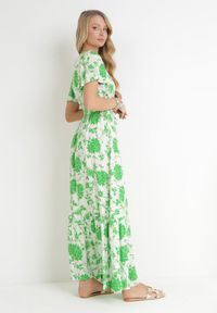 Born2be - Zielona Sukienka Maxi z Gumką i Wiązaniem w Talii z Wiskozy Aspasia. Kolor: zielony. Materiał: wiskoza. Długość: maxi #4