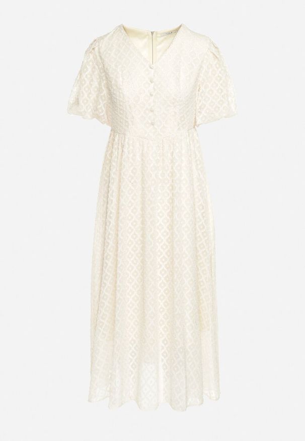 Born2be - Beżowa Haftowana Sukienka Taliowana Maxi Indiria. Kolor: beżowy. Materiał: tkanina, materiał. Długość rękawa: krótki rękaw. Wzór: haft. Długość: maxi