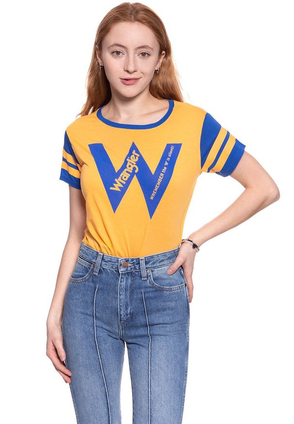 Wrangler - WRANGLER T SHIRT DAMSKI B&Y W CROP TEE AMBER YELLOW W721CF7UY 112130924. Wzór: nadruk