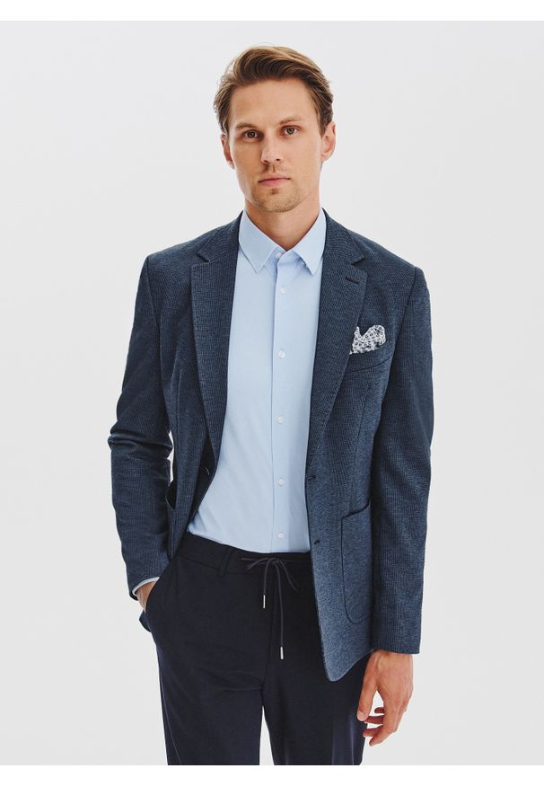 Pako Lorente - PAKO LORENTE - Granatowa marynarka w pepitkę z dzianiny. Kolor: niebieski. Materiał: dzianina. Sezon: jesień