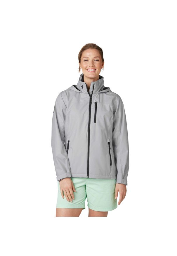 Damska kurtka z kapturem Helly Hansen crew. Typ kołnierza: kaptur. Kolor: szary. Materiał: syntetyk. Sport: turystyka piesza