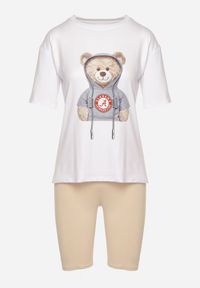 Born2be - Beżowy Komplet T-shirt z Ozdobnym Nadrukiem Szorty Typu Kolarki Wanesia. Kolor: beżowy. Materiał: dzianina. Wzór: nadruk #5