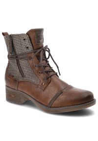 Brązowe Botki Mustang Modne Buty Damskie. Okazja: na co dzień. Zapięcie: sznurówki. Kolor: brązowy. Materiał: syntetyk, materiał, skóra ekologiczna, futro. Styl: casual, elegancki #1