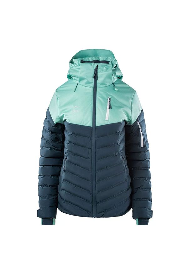 Kurtka narciarska damska Elbrus Estella W - zielona, Rozmiar XL. Typ kołnierza: kołnierzyk stójkowy. Kolor: zielony. Materiał: tkanina, poliester, materiał. Technologia: Primaloft. Długość: długie. Sezon: zima. Sport: narciarstwo