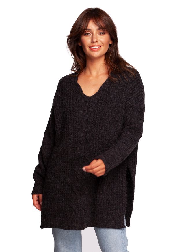 MOE - Długi Sweter z Rozcięciami po Bokach - Antracytowy. Kolor: szary. Materiał: wełna, poliester, poliamid, akryl. Długość: długie