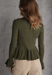 Renee - Zielony Wiskozowy Kardigan w Prążki z Falbankami i Guzikami z Cyrkoniami Danareia. Okazja: na co dzień, na imprezę. Typ kołnierza: kołnierz z falbankami. Kolor: zielony. Materiał: wiskoza. Wzór: prążki. Styl: casual #5