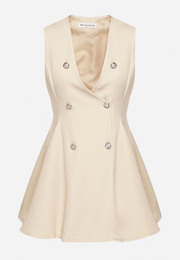 Born2be - Beżowa Sukienka Rozkloszowana Ozdobiona Guzikami Pallisna. Kolor: beżowy. Materiał: materiał. Wzór: aplikacja. Typ sukienki: rozkloszowane. Styl: klasyczny, elegancki