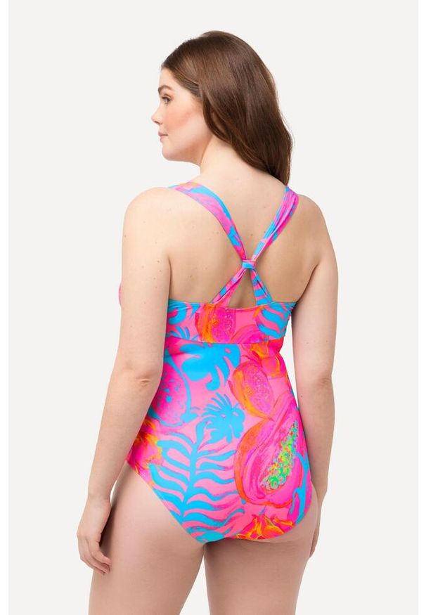 ULLA POPKEN - Damski Kostium kąpielowy neonowy nadruk ozdobna tasiemka miękkie miseczki. Kolekcja: plus size. Kolor: niebieski. Materiał: poliester, elastan, poliamid, materiał. Wzór: nadruk