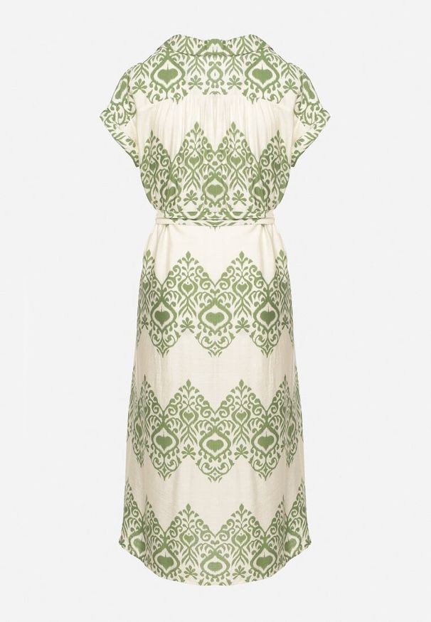 Born2be - Zielono-Beżowa Taliowana Sukienka Boho z Wiskozą Wiązana w Talii Paskiem Losofia. Okazja: na co dzień. Typ kołnierza: dekolt w kształcie V. Kolor: zielony. Materiał: wiskoza. Długość rękawa: krótki rękaw. Wzór: aplikacja. Sezon: lato. Styl: boho