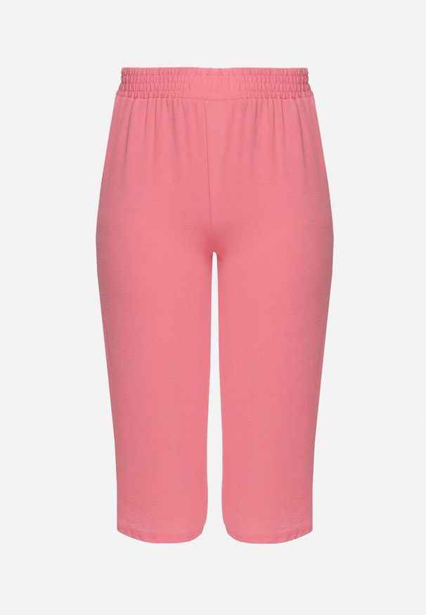 Born2be - Różowe Szerokie Spodnie z Wysokim Stanem z Gumką w Talii i Nogawkami Długości 3/4 Levolia. Okazja: na co dzień. Stan: podwyższony. Kolekcja: plus size. Kolor: różowy. Materiał: jedwab. Styl: elegancki, casual