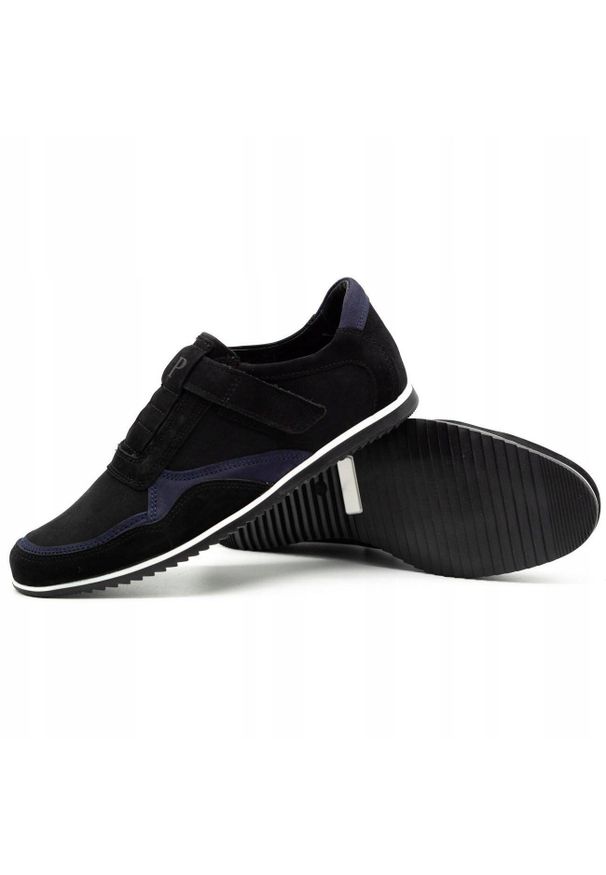 Polbut Buty męskie skórzane casual 2102/2 czarne z granatem granatowe. Okazja: na co dzień. Zapięcie: bez zapięcia. Kolor: wielokolorowy, niebieski, czarny. Materiał: skóra. Styl: casual