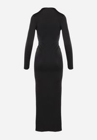 Born2be - Czarna Sukienka Koktajlowa z Ozdobnym Supełkiem i Rozcięciem Tefeti. Okazja: na imprezę. Typ kołnierza: dekolt w kształcie V. Kolor: czarny. Typ sukienki: dopasowane. Styl: wizytowy #3