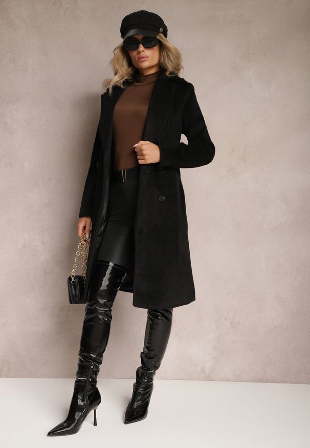 Renee - Czarny Dwurzędowy Płaszcz z Wiskozy z Paskiem w Talii Beluna. Okazja: na co dzień. Kolor: czarny. Materiał: wiskoza. Styl: casual