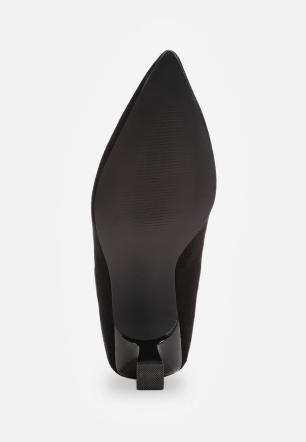 Renee - Czarne Czółenka z Ekozamszu Vices na Obcasie Kaczuszka z Wkładką ze Skóry Naturalnej Etaris. Okazja: do pracy. Nosek buta: szpiczasty. Kolor: czarny. Materiał: skóra. Obcas: na obcasie. Styl: elegancki, klasyczny, wizytowy. Wysokość obcasa: średni