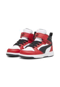 Puma - PUMA Rebound V6 Mid Toddlers' Sneakers PUMA White Black For All Time Red. Kolor: biały, czerwony, wielokolorowy, czarny. Materiał: materiał, syntetyk. Szerokość cholewki: normalna. Sport: turystyka piesza