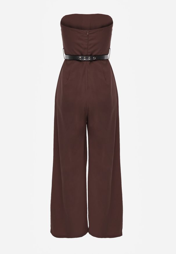 Renee - Brązowy Kombinezon VICES Bandeau z Falbankami i Paskiem w Eleganckim Stylu Pinoia. Kolor: brązowy. Długość rękawa: bez rękawów. Styl: elegancki