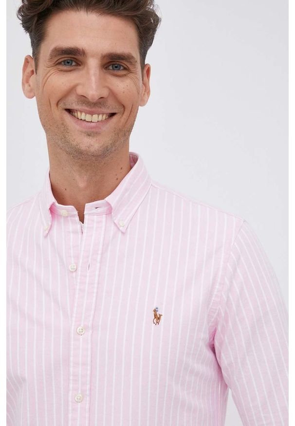 Polo Ralph Lauren Koszula bawełniana męska kolor różowy slim z kołnierzykiem button-down. Typ kołnierza: button down, polo. Kolor: różowy. Materiał: bawełna. Długość: długie