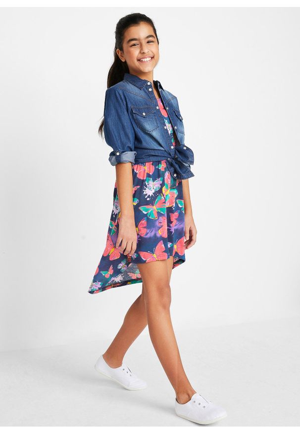 bonprix - Sukienka z dżerseju, z dłuższym tyłem. Kolor: niebieski. Materiał: jersey. Wzór: nadruk. Sezon: lato