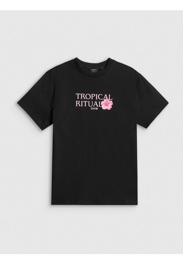 4f - 4F T-shirt loose z nadrukiem damski - czarny M. Okazja: do pracy, na co dzień, na spacer. Kolor: czarny. Materiał: bawełna, dzianina. Wzór: nadruk. Styl: casual