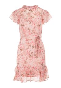 Born2be - Różowa Sukienka Corite. Typ kołnierza: kołnierz z falbankami. Kolor: różowy. Materiał: tkanina. Wzór: aplikacja, kolorowy, kwiaty. Długość: mini #2