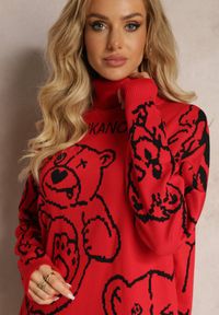 Renee - Czerwona Sukienka Sweter z Golfem i Nadrukiem Etelka. Typ kołnierza: golf. Kolor: czerwony. Wzór: nadruk. Styl: elegancki #3