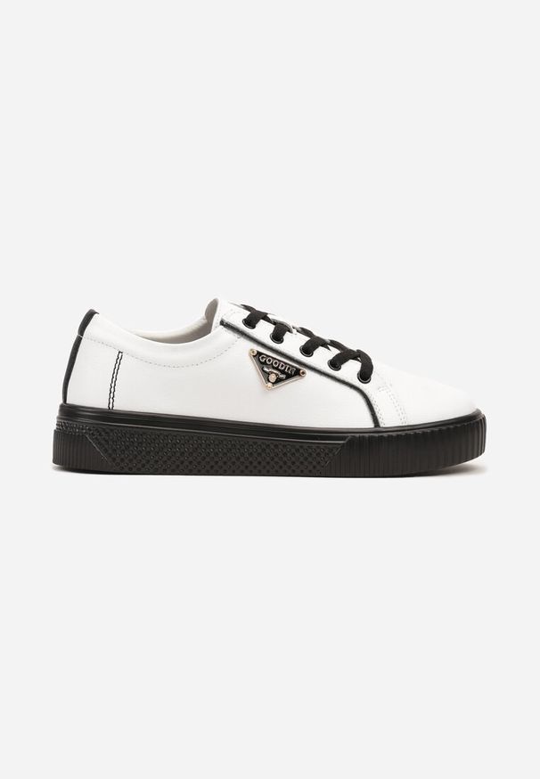 Born2be - Biało-Czarne Płaskie Skórzane Sneakersy z Aplikacją Trójkąta Labriene. Nosek buta: okrągły. Zapięcie: sznurówki. Kolor: biały. Materiał: skóra. Wzór: aplikacja