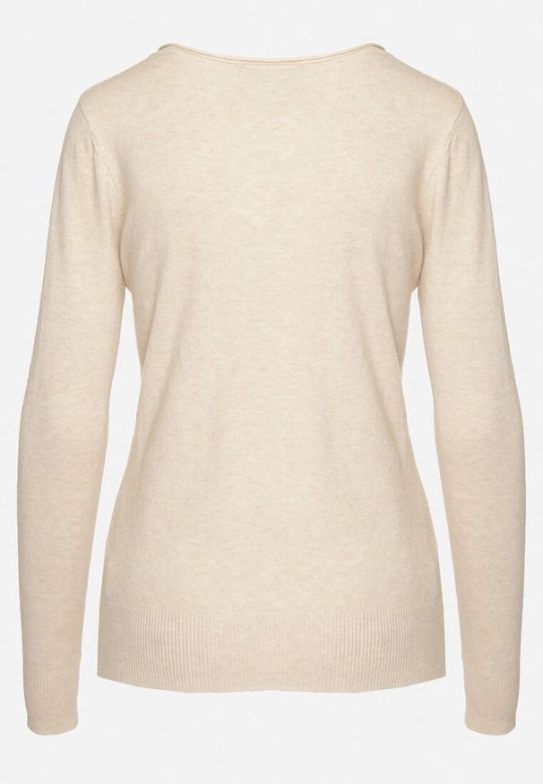 Born2be - Beżowy Sweter Klasyczny z Trójkątnym Dekoltem z Domieszką Kaszmiru Taielle. Okazja: do pracy, na co dzień. Kolor: beżowy. Materiał: kaszmir. Styl: klasyczny